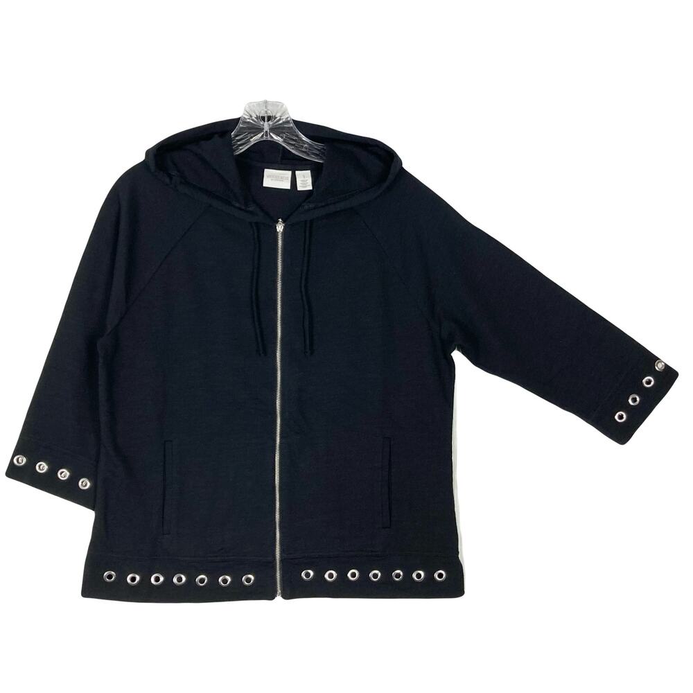 WEEKENDS by CHICOS Hoodie 1~M Black Silver-Rings&Zip Long-Sleeve Cotton